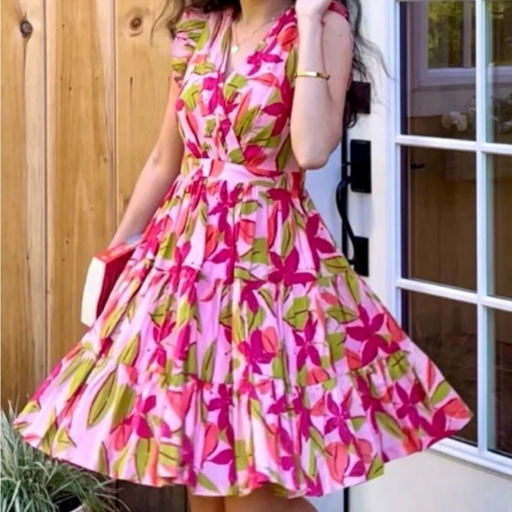 Taylor Pink and Green Leaf Print Dress